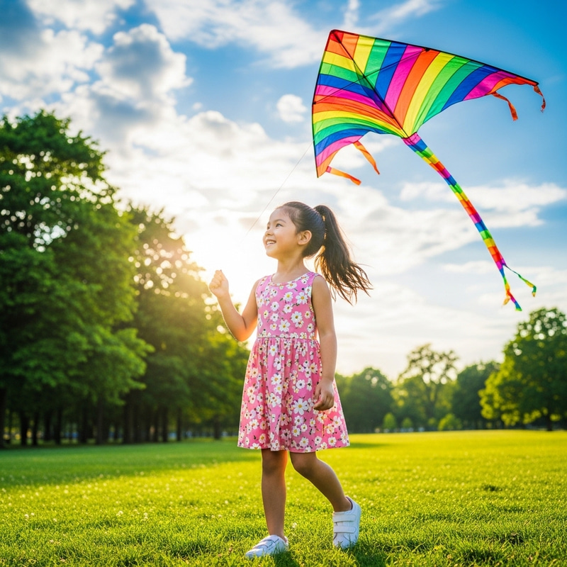 Joyful Girl Flying a Colorful Kite in the Park Joyful Girl Flying a Colorful Kite in the Park