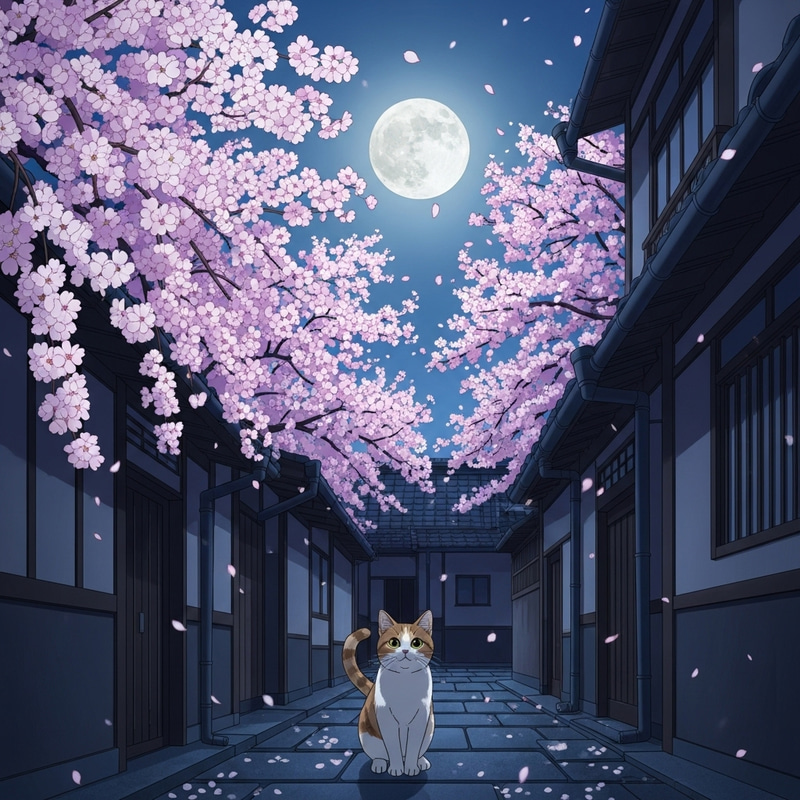 Cat in Japanese Alley Under Cherry Blossoms & Full Moon Cat in Japanese Alley Under Cherry Blossoms & Full Moon