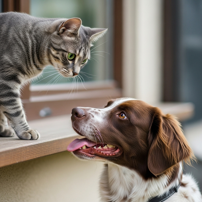 Playful Grey Cat and Friendly Dog Encounter on Wooden Ledge