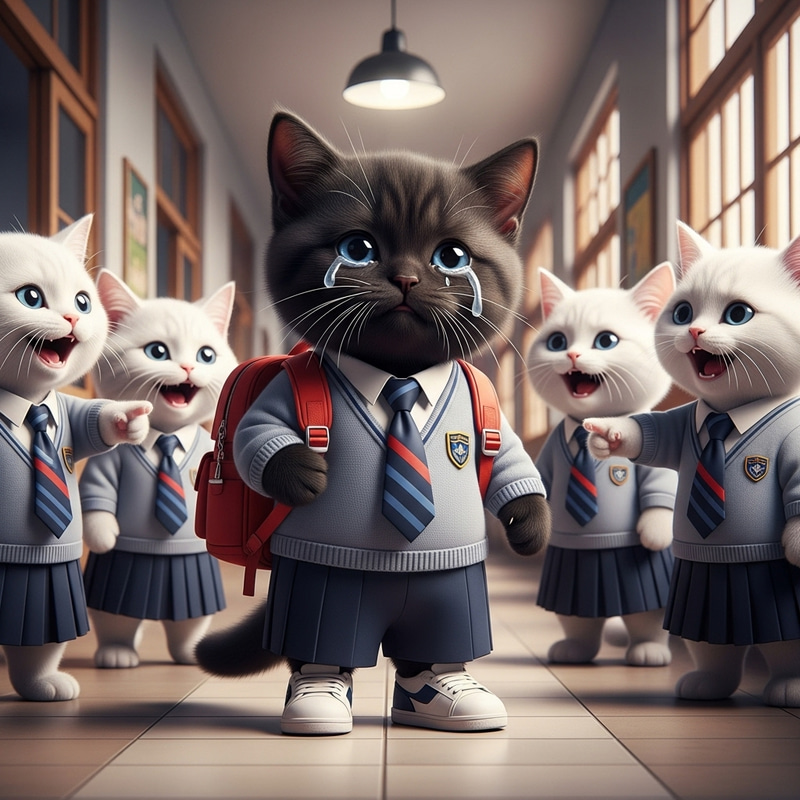 Cartoon Black British Cat in School Uniform with Red Backpack Crying