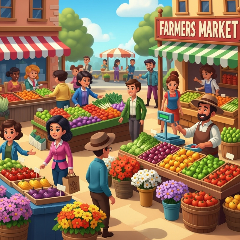 Colorful Farmers Market Cartoon | Fruits, Vegetables & Flowers Colorful Farmers Market Cartoon | Fruits, Vegetables & Flowers