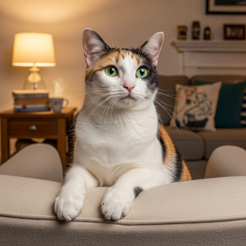 Beautiful Domestic Cat with Soft Fur on Home Interior Background