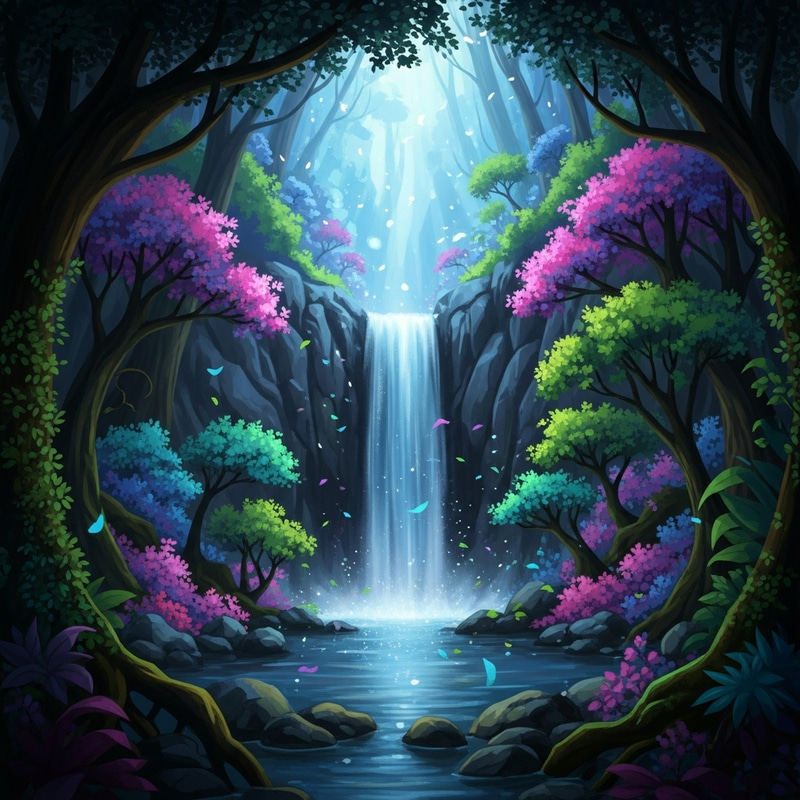 Mystical Forest Waterfall - Vibrant Fantasy Landscape View Mystical Forest Waterfall - Vibrant Fantasy Landscape View