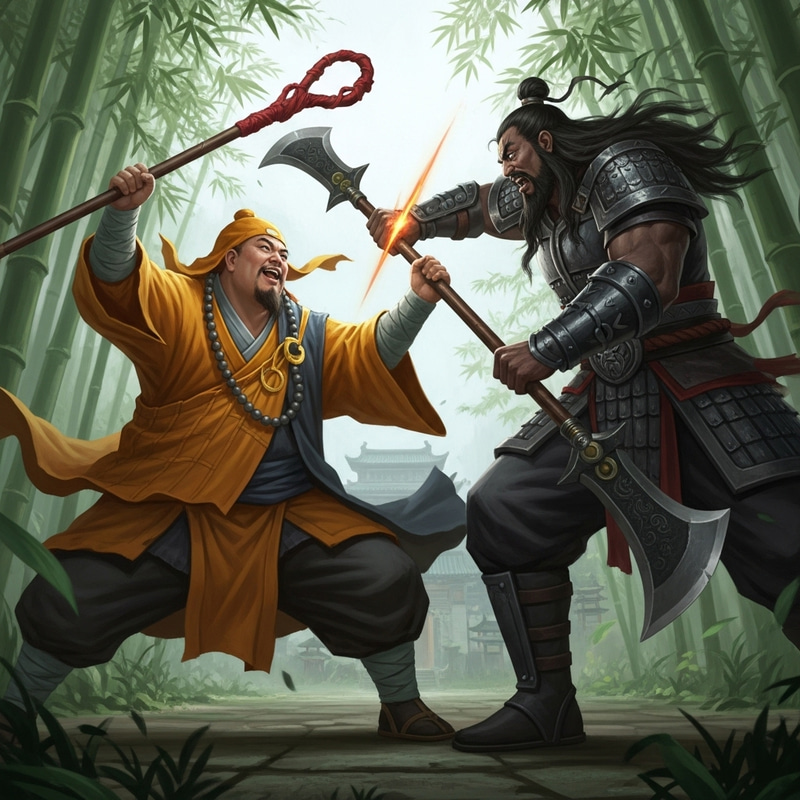 Monk Lu Zhishen vs. Dark Warrior Li Kui Battle in Bamboo Forest - Epic Encounter Monk Lu Zhishen vs. Dark Warrior Li Kui Battle in Bamboo Forest - Epic Encounter