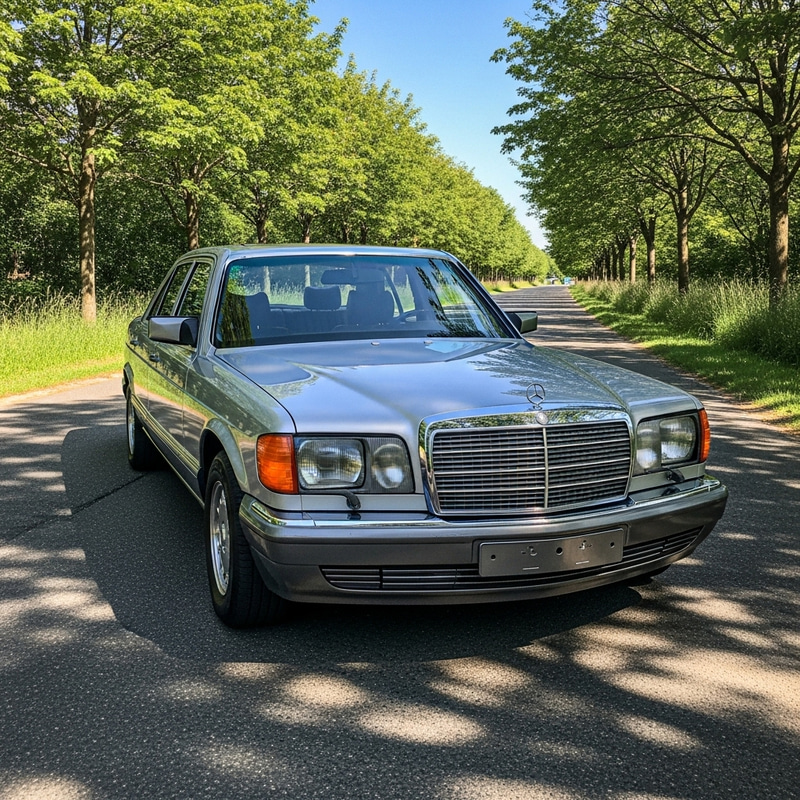 Sleek Silver Mercedes W126 On Tranquil Road Sleek Silver Mercedes W126 On Tranquil Road
