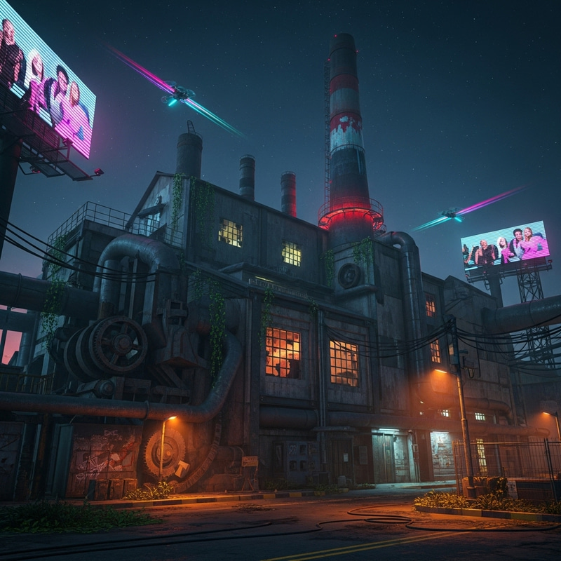 Abandoned Factory in Cyberpunk Setting