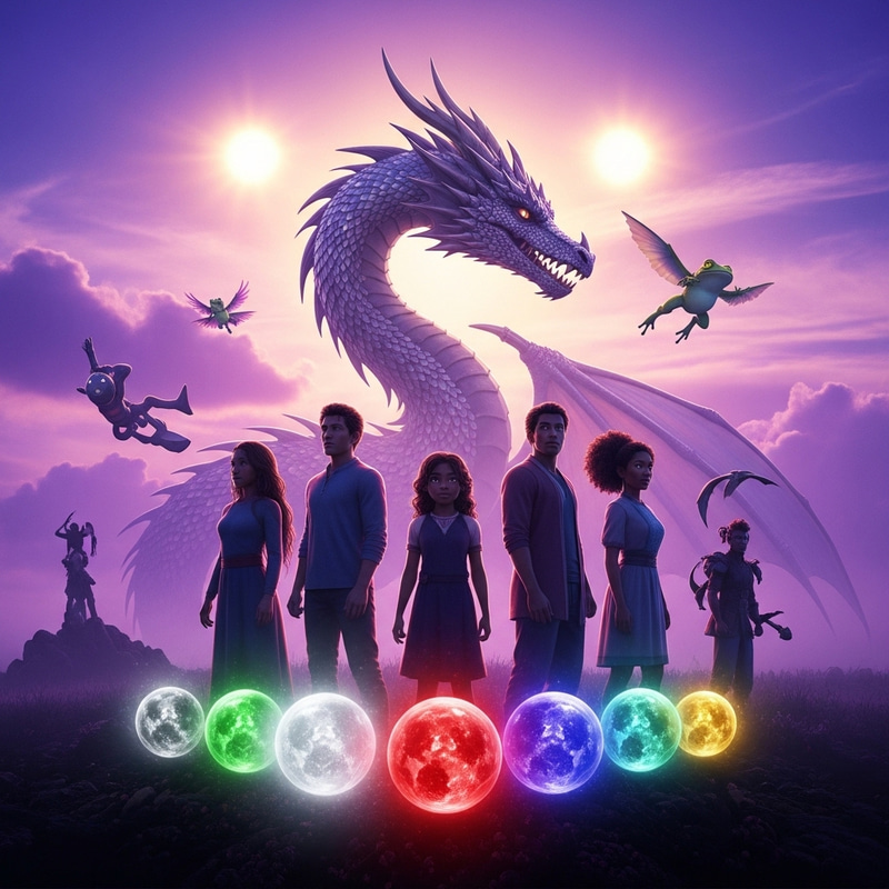 Silhouettes of Two Men and Four Women in Mystical Setting with Majestic Dragon Silhouettes of Two Men and Four Women in Mystical Setting with Majestic Dragon