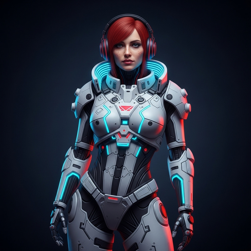 Stunning Biorobot Girl with Radiant Red Hair in Cyberpunk Suit Stunning Biorobot Girl with Radiant Red Hair in Cyberpunk Suit
