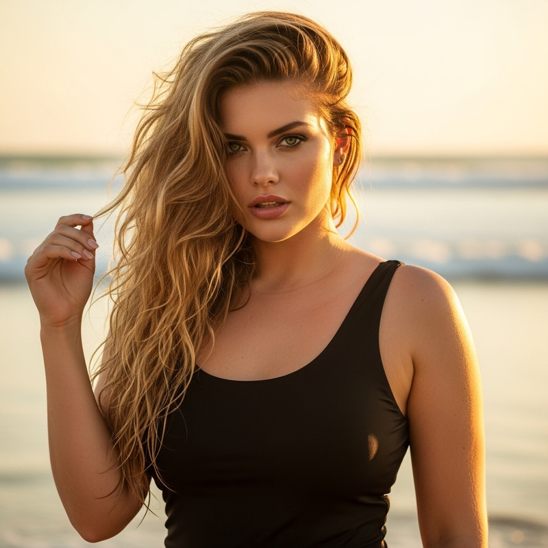 Stunning Plus-Size Woman on Beach at Sunset | Natural Beauty