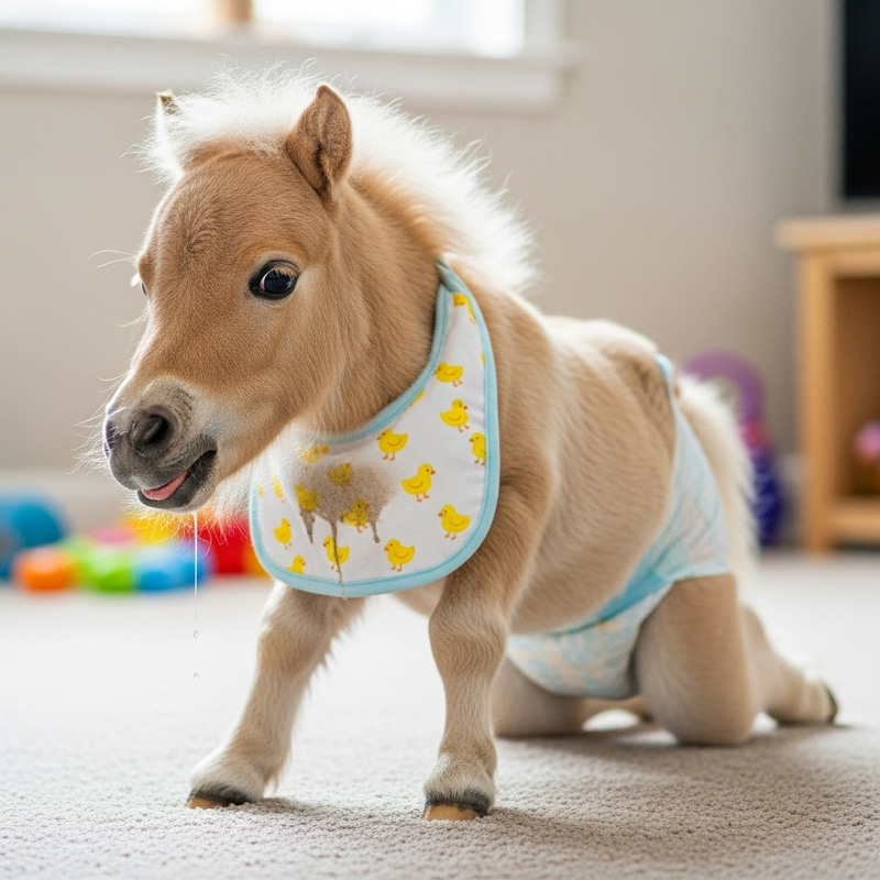 Cute 3-Month-Old Pony in Diaper Crawling and Drooling Cute 3-Month-Old Pony in Diaper Crawling and Drooling