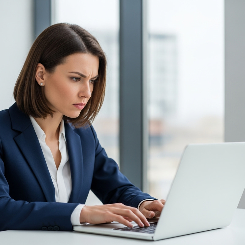Professional Businesswoman in Navy Blue Suit Using MacBook Pro Professional Businesswoman in Navy Blue Suit Using MacBook Pro