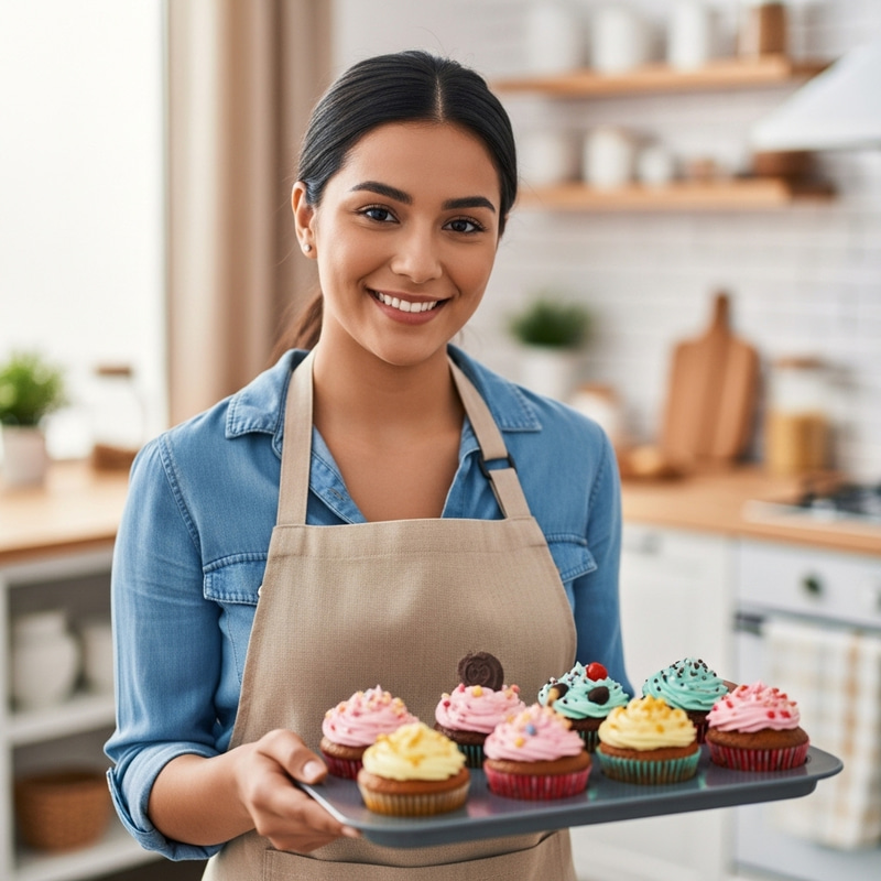 Blissful Hispanic Woman Holding Scrumptious Cupcakes Blissful Hispanic Woman Holding Scrumptious Cupcakes