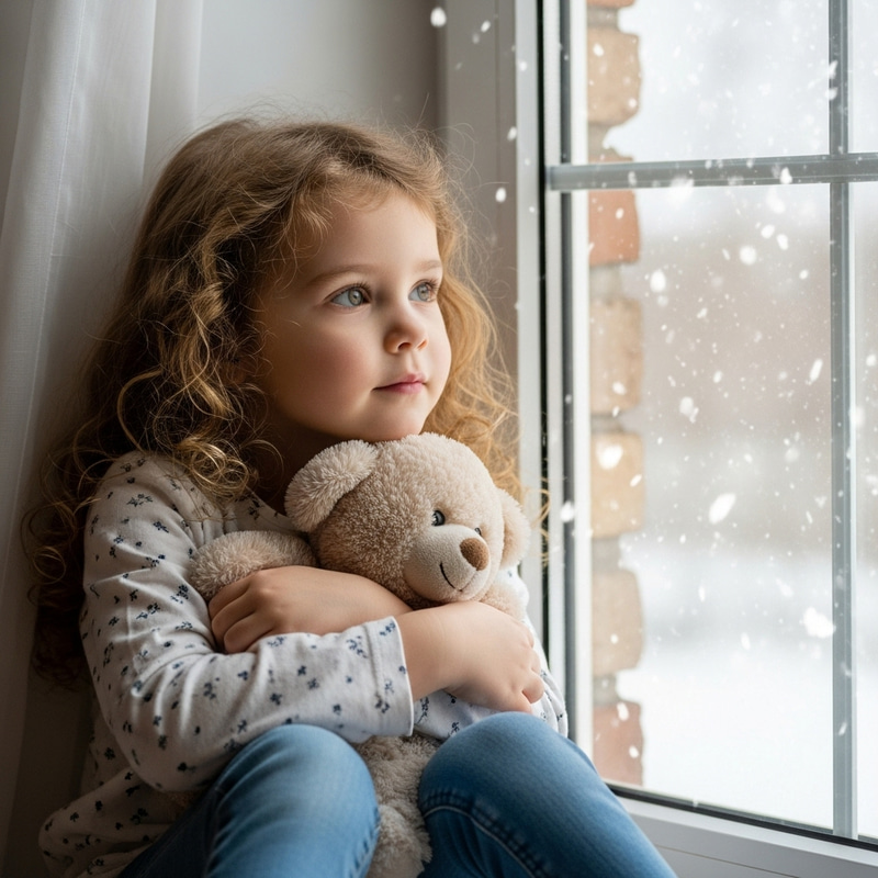 Adorable Girl with Blond Curls Hugging Toy, Looking at Snow Adorable Girl with Blond Curls Hugging Toy, Looking at Snow