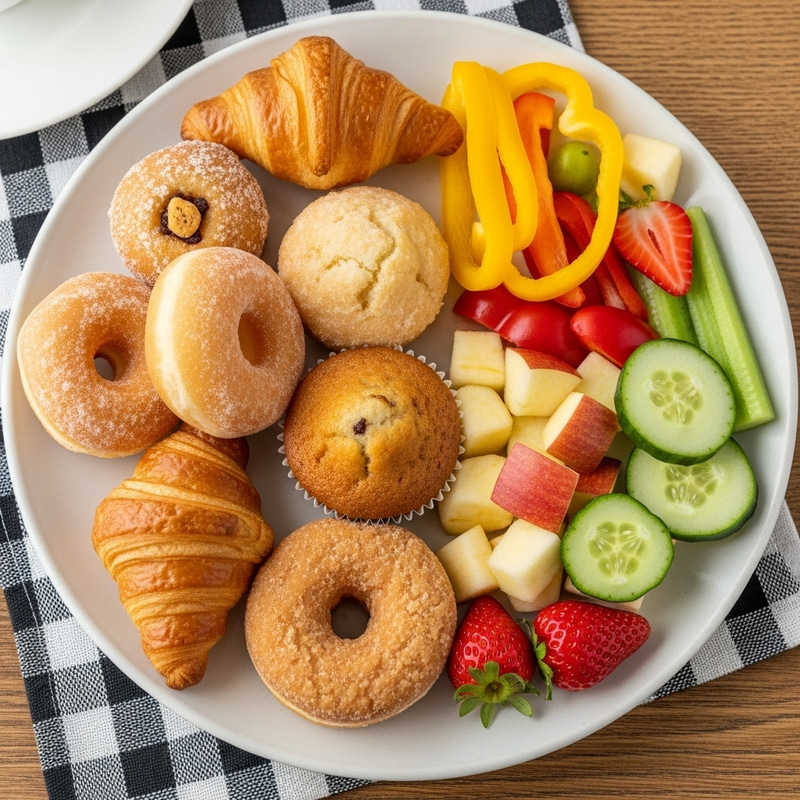Mixed Plate of Pastries, Vegetables, and Fruits Mixed Plate of Pastries, Vegetables, and Fruits