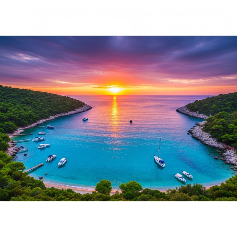 Tranquil Blue Bay Scene: Lush Greenery & Sunset Glow Tranquil Blue Bay Scene: Lush Greenery & Sunset Glow