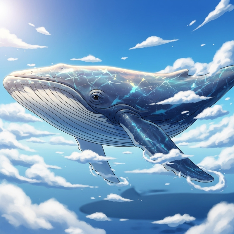 Whale Soaring Through White Clouds in Blue Sky