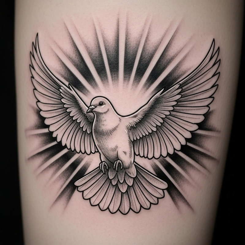 Black and White Dove Tattoo in Sky with Streaming Light Rays Black and White Dove Tattoo in Sky with Streaming Light Rays