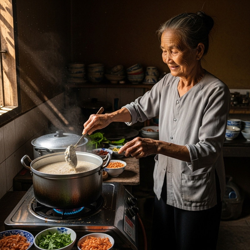 Vietnamese Grandma Cooking Traditional Porridge Scene Vietnamese Grandma Cooking Traditional Porridge Scene