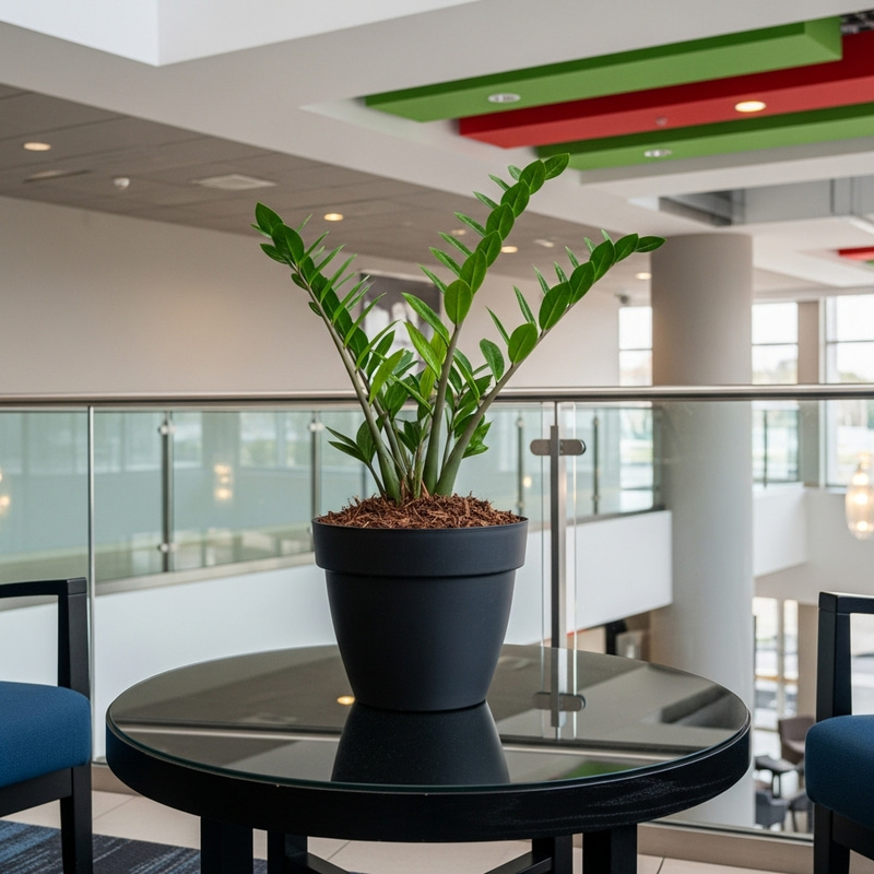 Contemporary Interior with ZZ Plant on Round Black Table