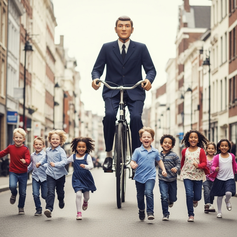 Giant Cyclist: Enchanting Street Scene with Playful Children Giant Cyclist: Enchanting Street Scene with Playful Children