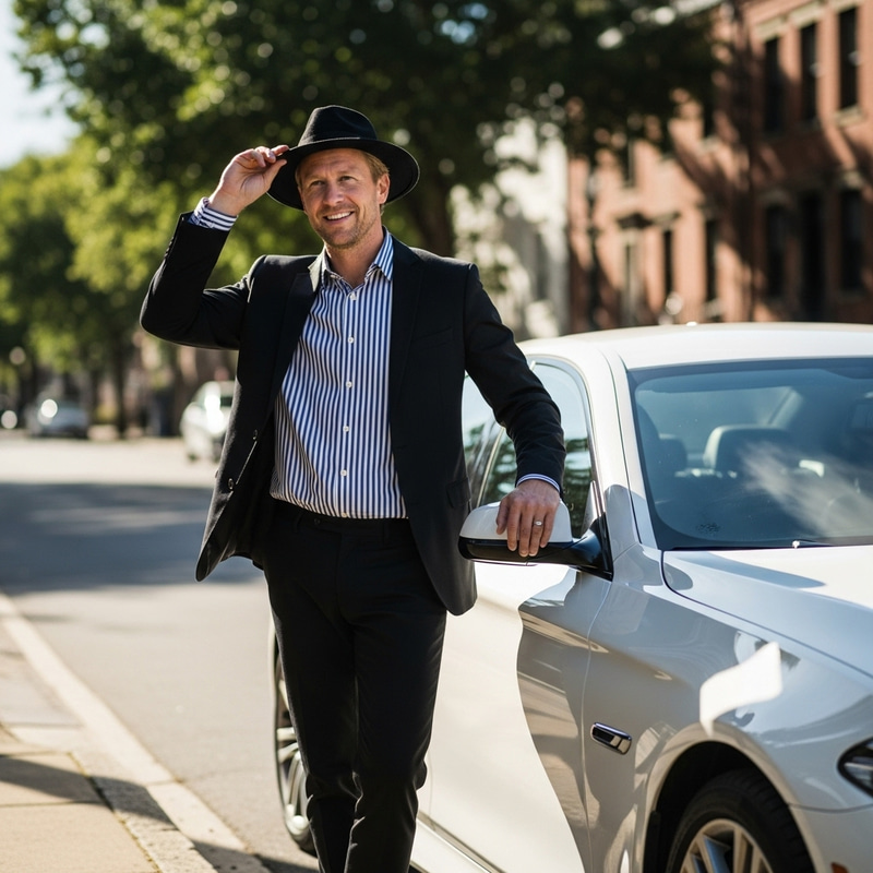 Blond Man in Black Shirt and Hat Next to White BMW