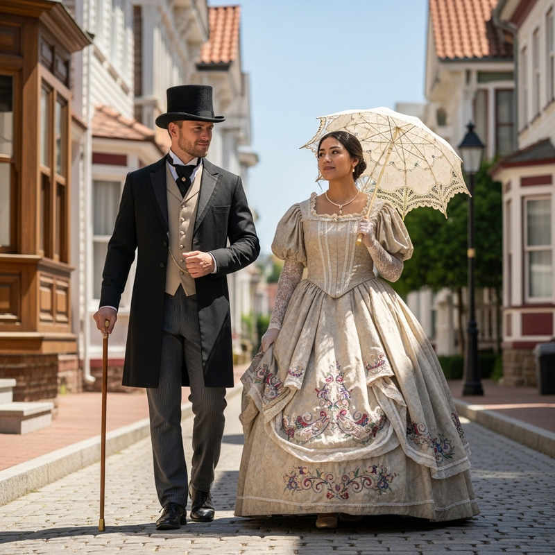 Victorian Couple's Daytime Stroll in Quaint Town