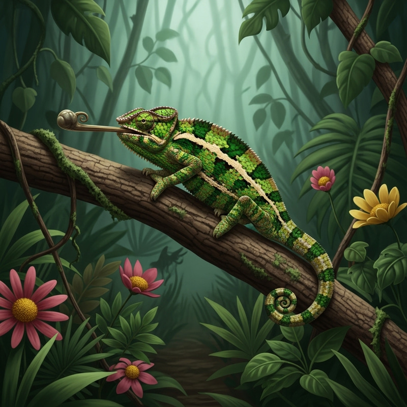 Intriguing Camouflage: Chameleon in Dense Jungle Environment