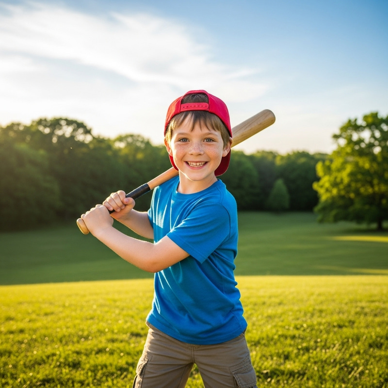 Cheerful American Boy Ready for Baseball Fun