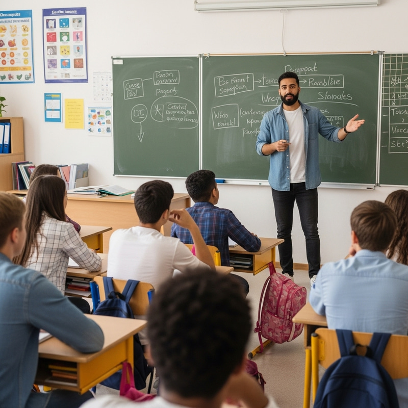 Male Teacher with Mustache Teaching in Front of Class Male Teacher with Mustache Teaching in Front of Class