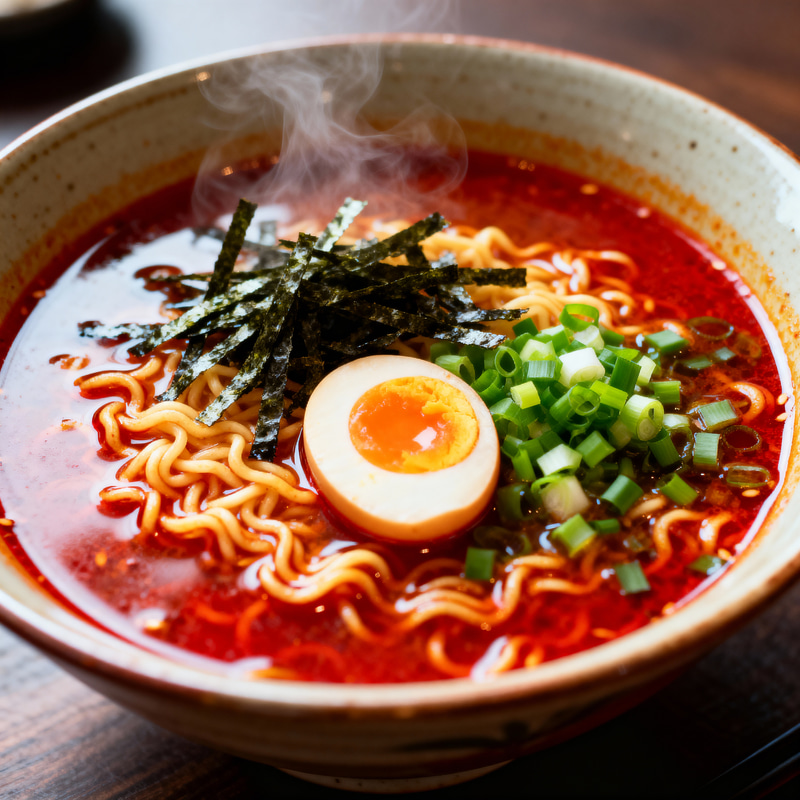 Delicious Spicy Ramen Bowl with Vibrant Toppings