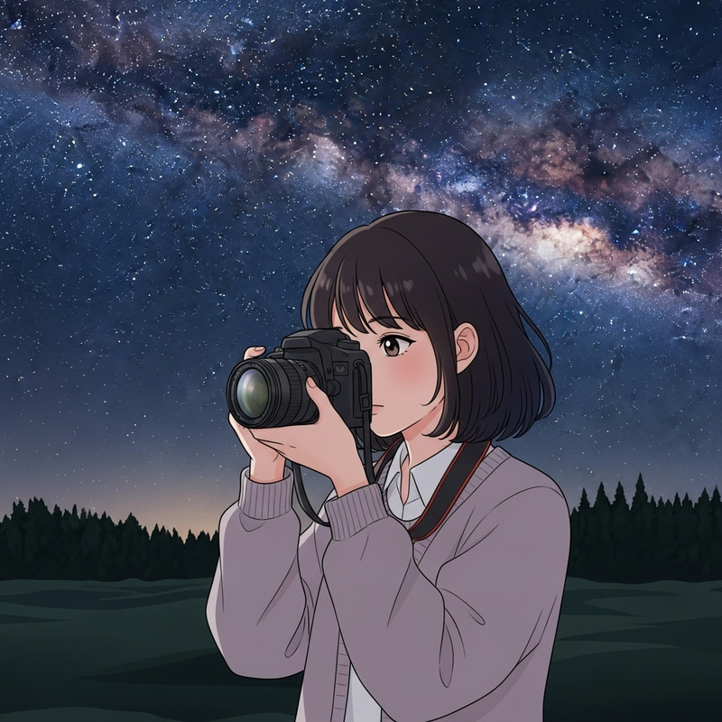 Short Hair Girl Shooting Milky Way Photo at Midnight Short Hair Girl Shooting Milky Way Photo at Midnight