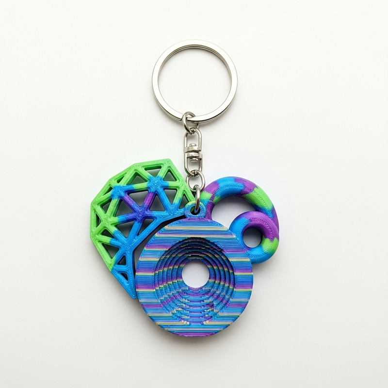 Playful 3D Printed Keychain with Geometric Patterns and Bright Colors