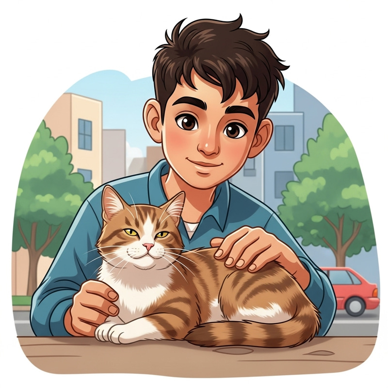 Cheerful Boy with Cat: Adorable Connection Cheerful Boy with Cat: Adorable Connection