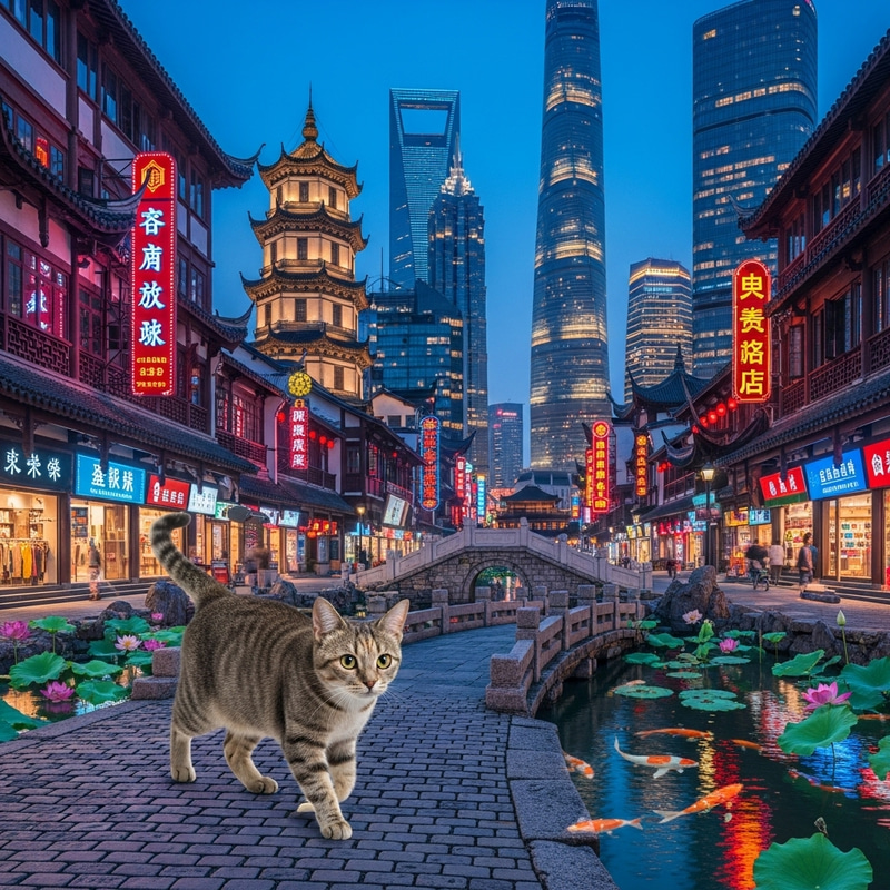 Adorable Cat Exploring Shanghai's Diverse Architecture