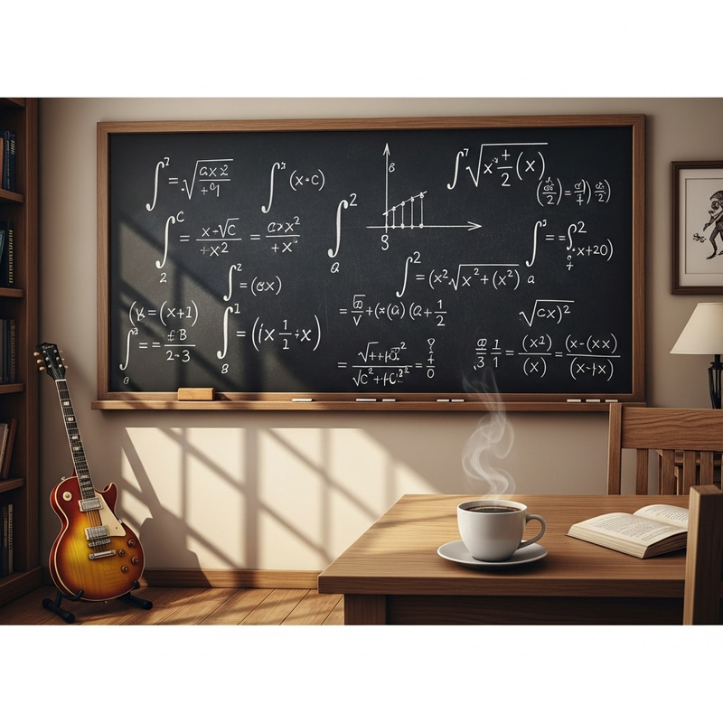 Integrals on Chalkboard, Coffee & Guitar in Study Room