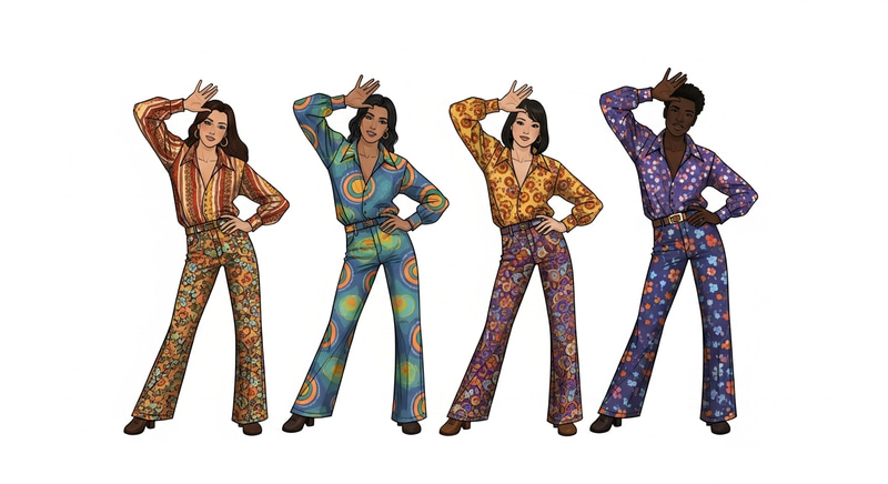 Dynamic 70s Dancers in Vibrant Costumes | Retro Sketches Dynamic 70s Dancers in Vibrant Costumes | Retro Sketches