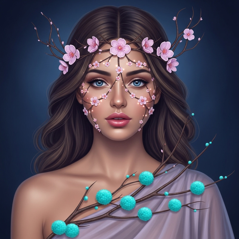 Enchanting Woman with Luminous Blue Eyes and Chestnut Hair Adorned with Flowers Enchanting Woman with Luminous Blue Eyes and Chestnut Hair Adorned with Flowers