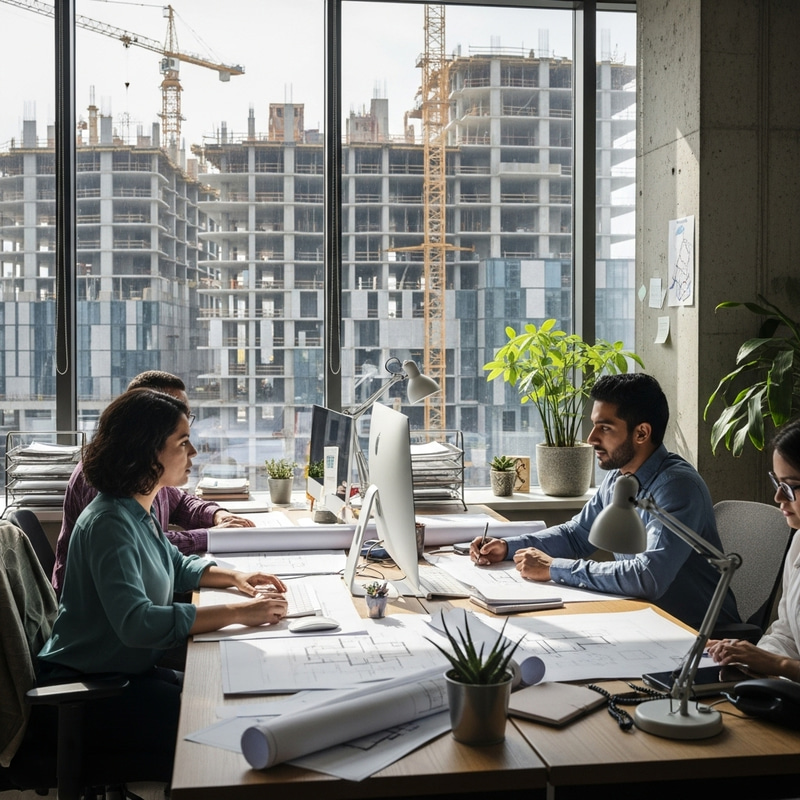 Vibrant Office Scene with Diverse Employees and Building Construction Vibrant Office Scene with Diverse Employees and Building Construction