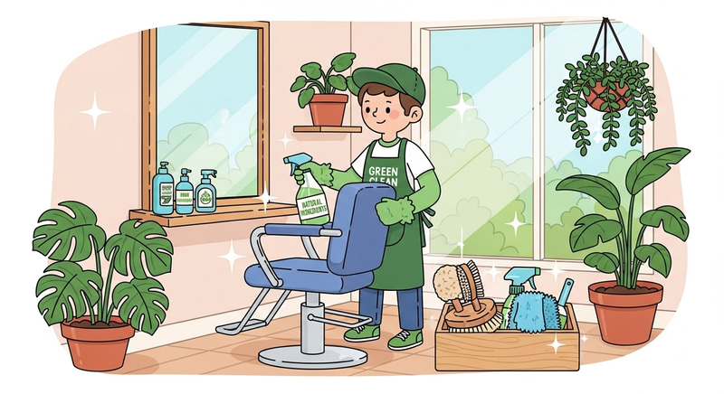 Clean Salon with Eco-Friendly Products: Benefits Illustrated in Cartoon Style Clean Salon with Eco-Friendly Products: Benefits Illustrated in Cartoon Style