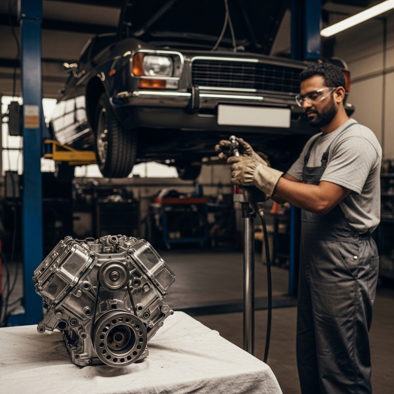 Expert Auto Mechanic Working on Engine in Classic Car Garage
