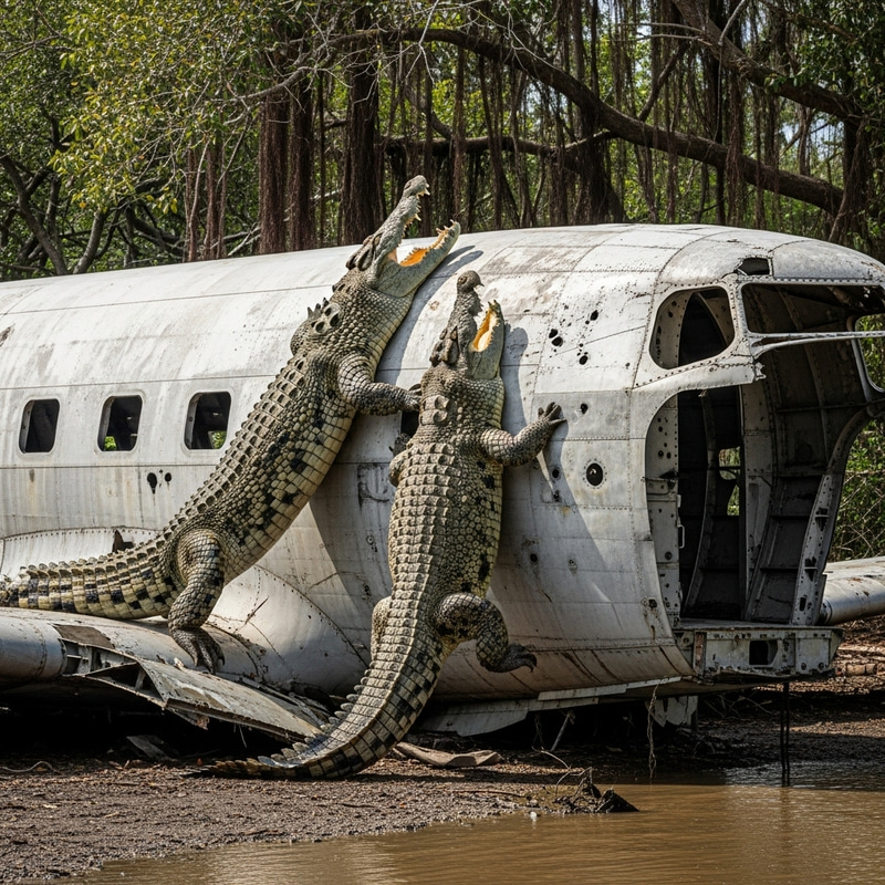Crocodiles devouring aeroplane - Nature's power