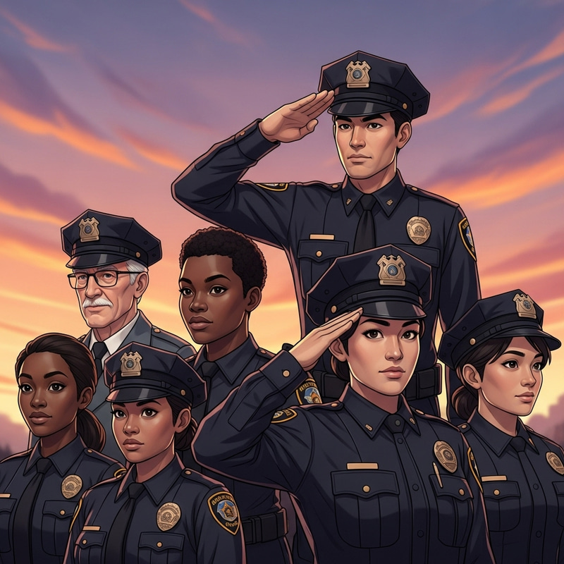 Illustration of Diverse Multi-Gender Police Officers Saluting at Sunset Illustration of Diverse Multi-Gender Police Officers Saluting at Sunset