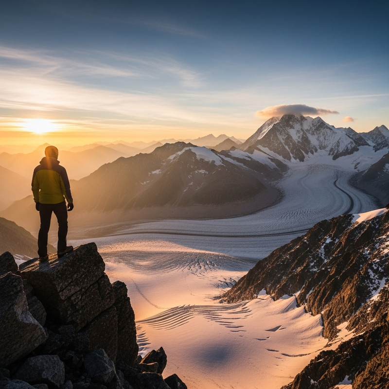 Stunning Mountain Panorama with Mountaineer overlooking Snow-Covered Glacier Stunning Mountain Panorama with Mountaineer overlooking Snow-Covered Glacier