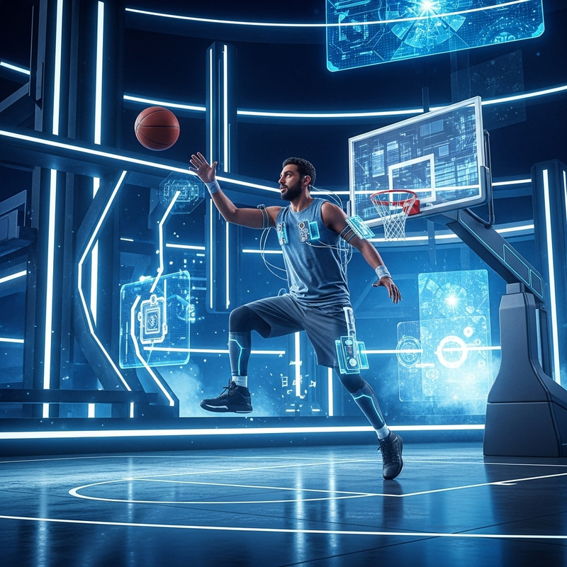 Futuristic Man Playing Basketball in Neon-Lit Environment Futuristic Man Playing Basketball in Neon-Lit Environment