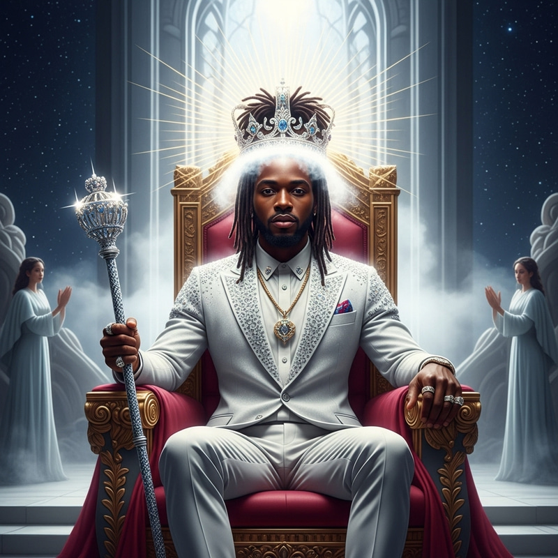 Majestic Throne Room with Radiant Black Man in Jewel-Encrusted Suit Majestic Throne Room with Radiant Black Man in Jewel-Encrusted Suit