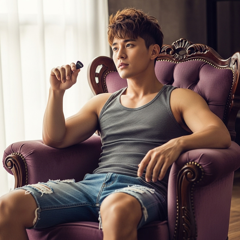 Young Asian Male Musician Seated on Plush Armchair in Denim Shorts and Tank Top