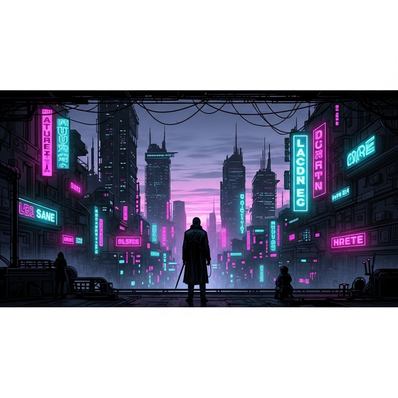 Futuristic Cyberpunk Dusk: Neon Cityscape & Mysterious Figure