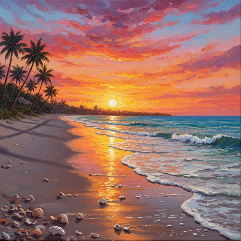 Impressionist Sunset Beach Painting in Vibrant Hues