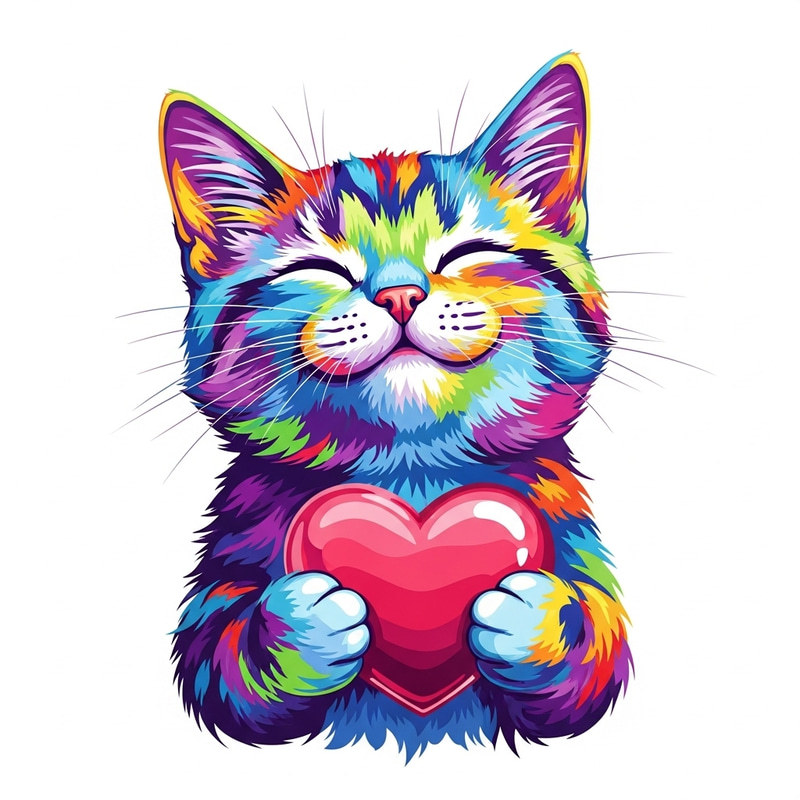 Colorful Pop Art Cat Embracing Oversized Heart Colorful Pop Art Cat Embracing Oversized Heart