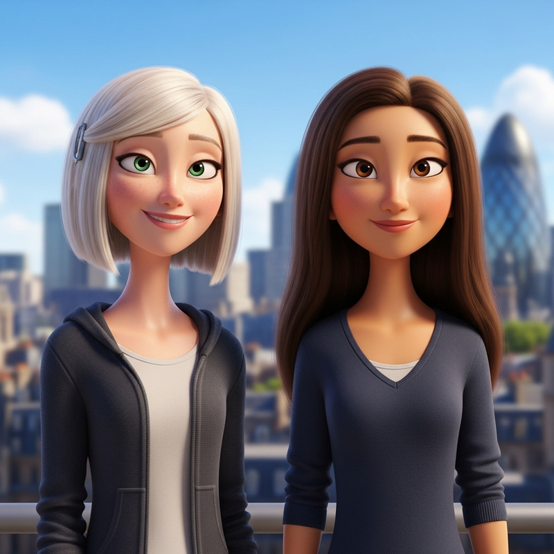 Pixar-Style Fair-Skinned and Asian Women in London Cityscape Pixar-Style Fair-Skinned and Asian Women in London Cityscape